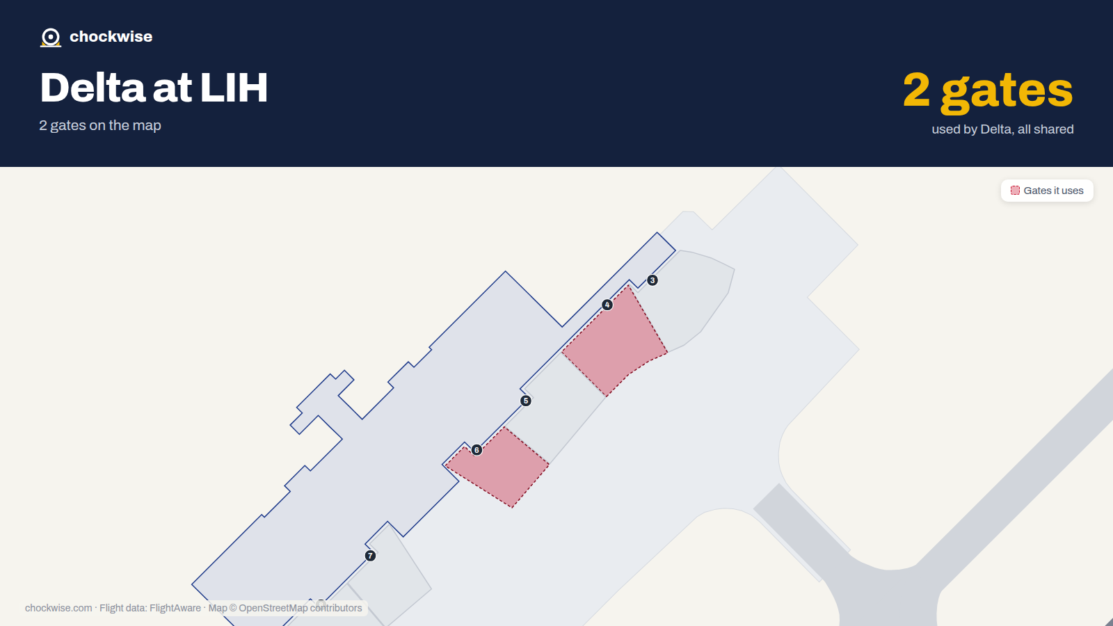 Map of LIH with the gates Delta Air Lines uses highlighted: 4 and 6.