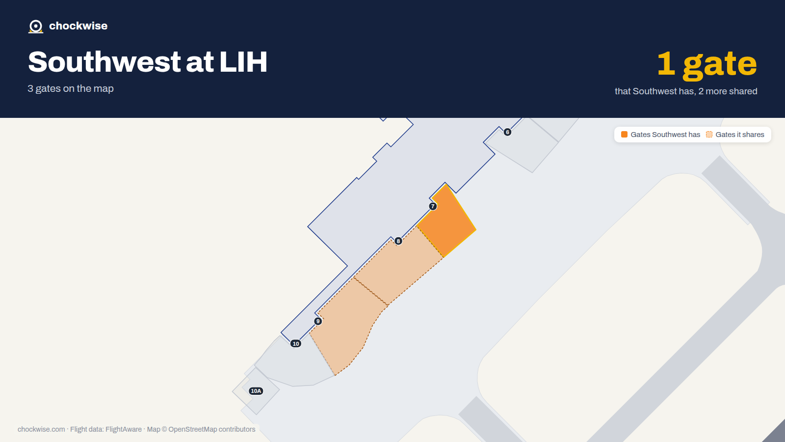 Map of LIH with the gates Southwest Airlines uses highlighted: 7.