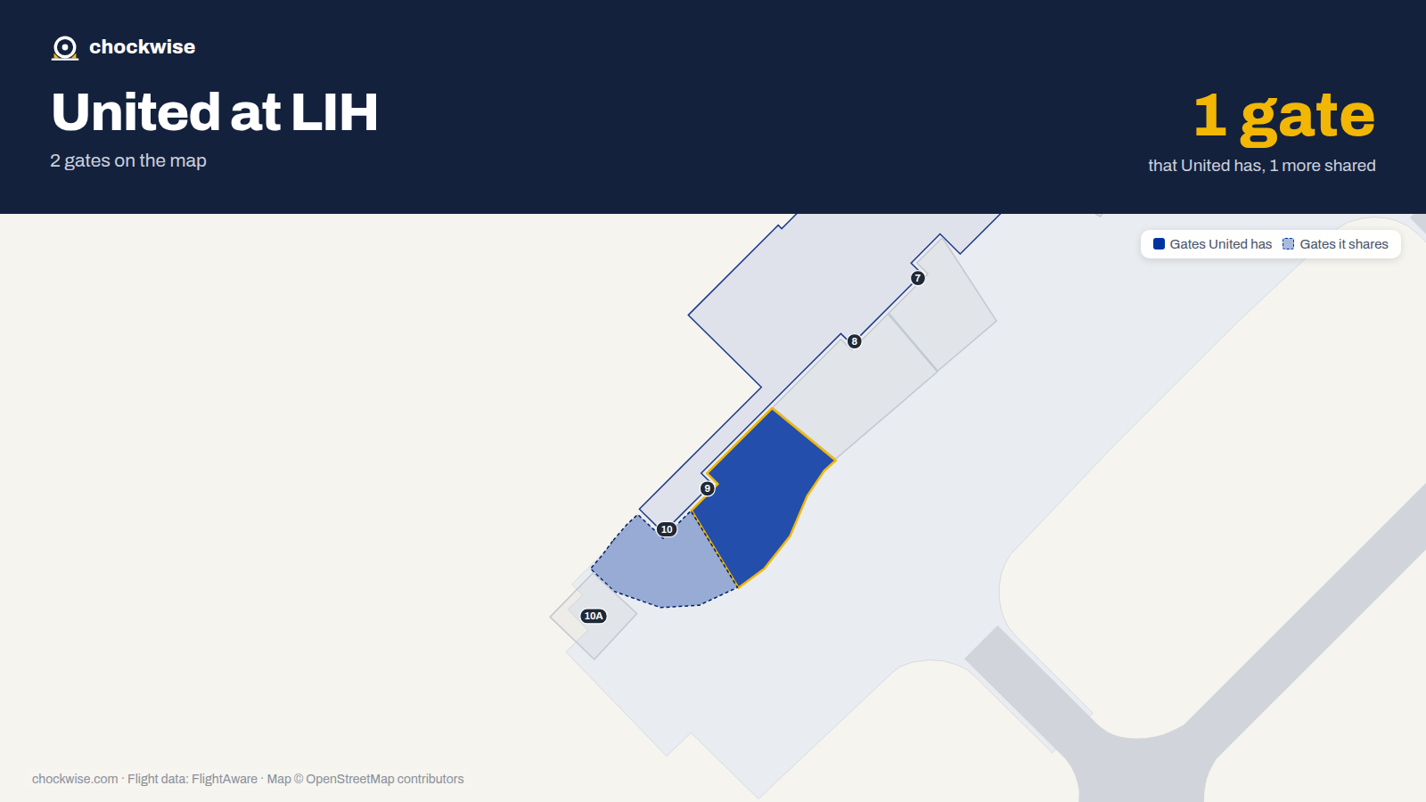 Map of LIH with the gates United Airlines uses highlighted: 9.