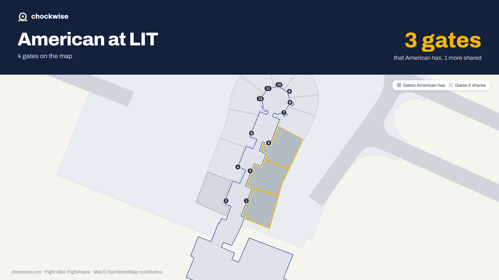 Map of LIT with the gates American Airlines uses highlighted: 1, 3 and 5.