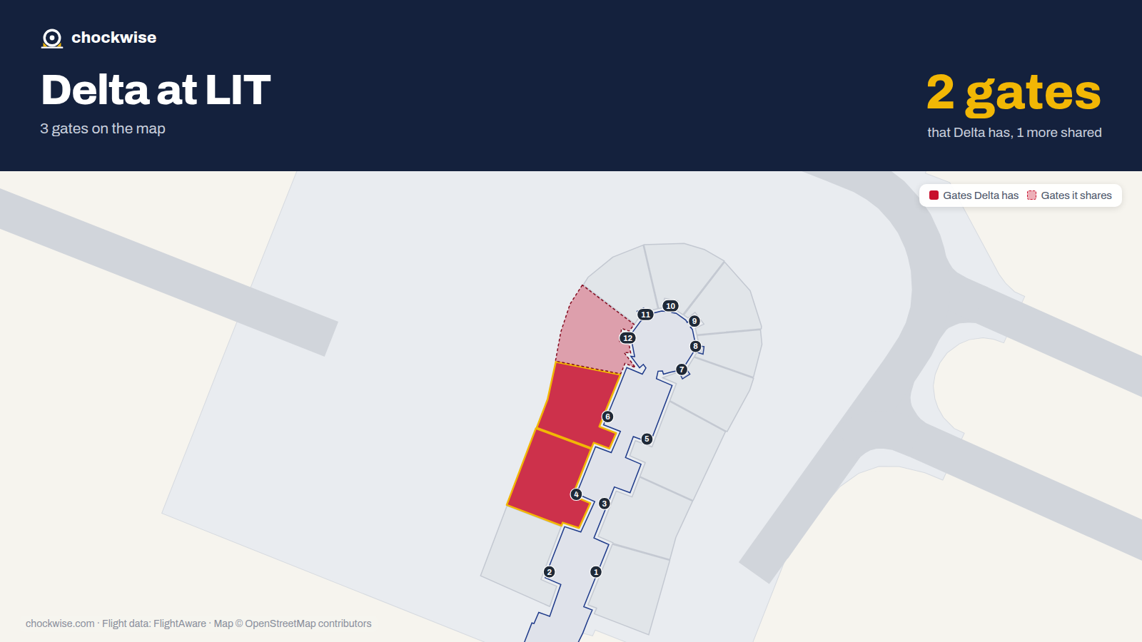 Map of LIT with the gates Delta Air Lines uses highlighted: 4 and 6.