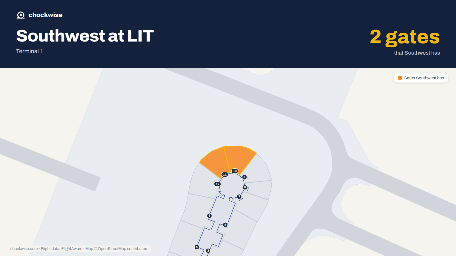 Map of LIT with the gates Southwest Airlines uses highlighted: 10 and 11.