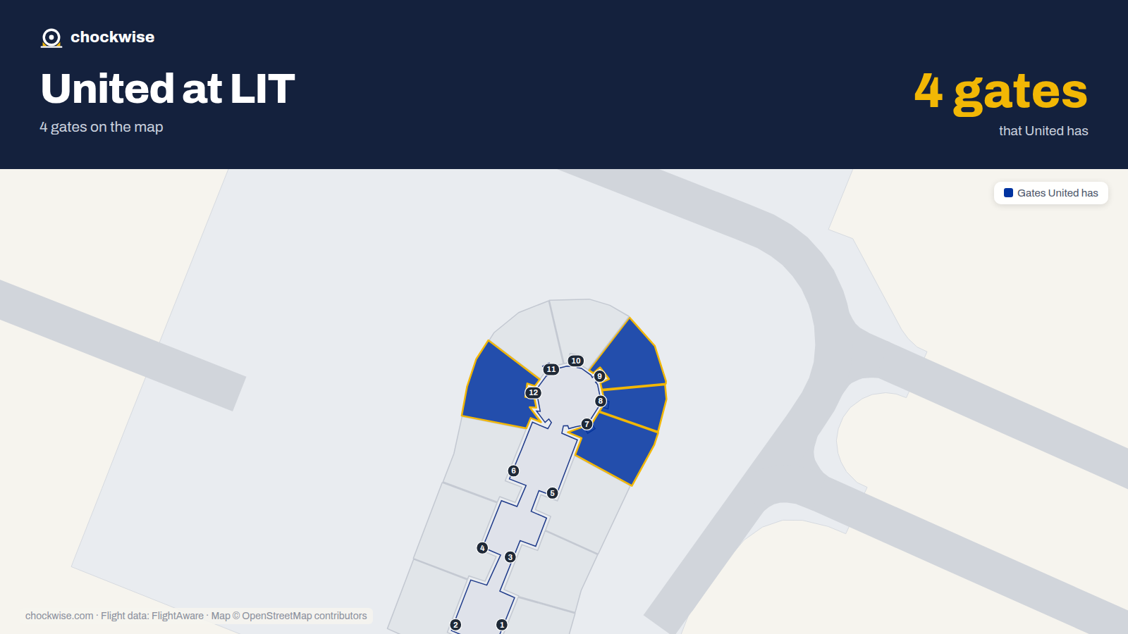 Map of LIT with the gates United Airlines uses highlighted: 7, 8, 9 and 12.
