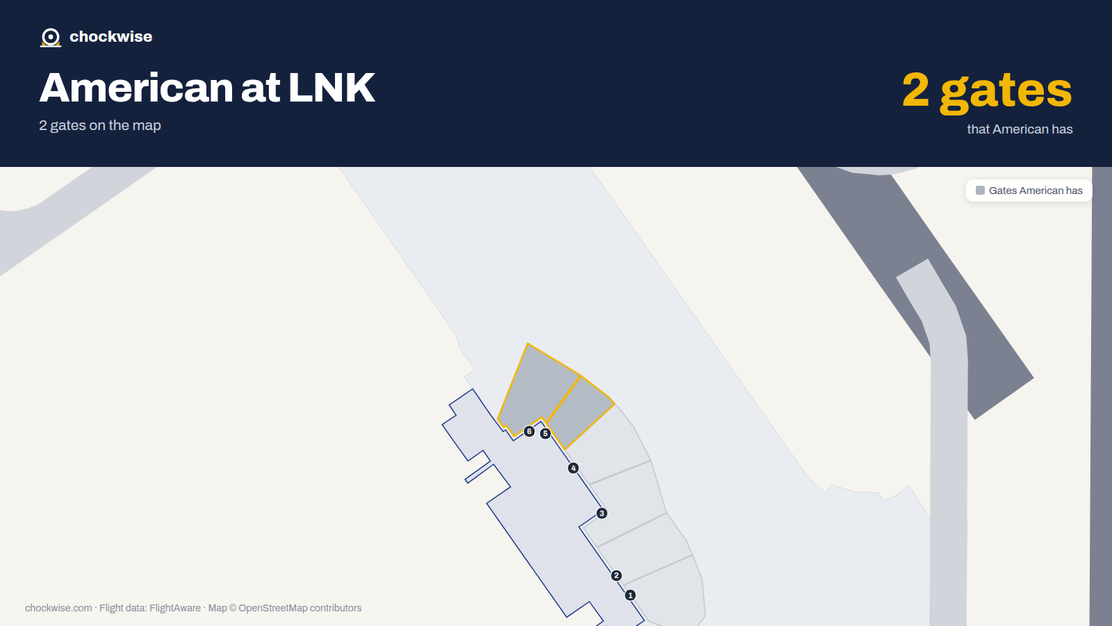 Map of LNK with the gates American Airlines uses highlighted: 5 and 6.