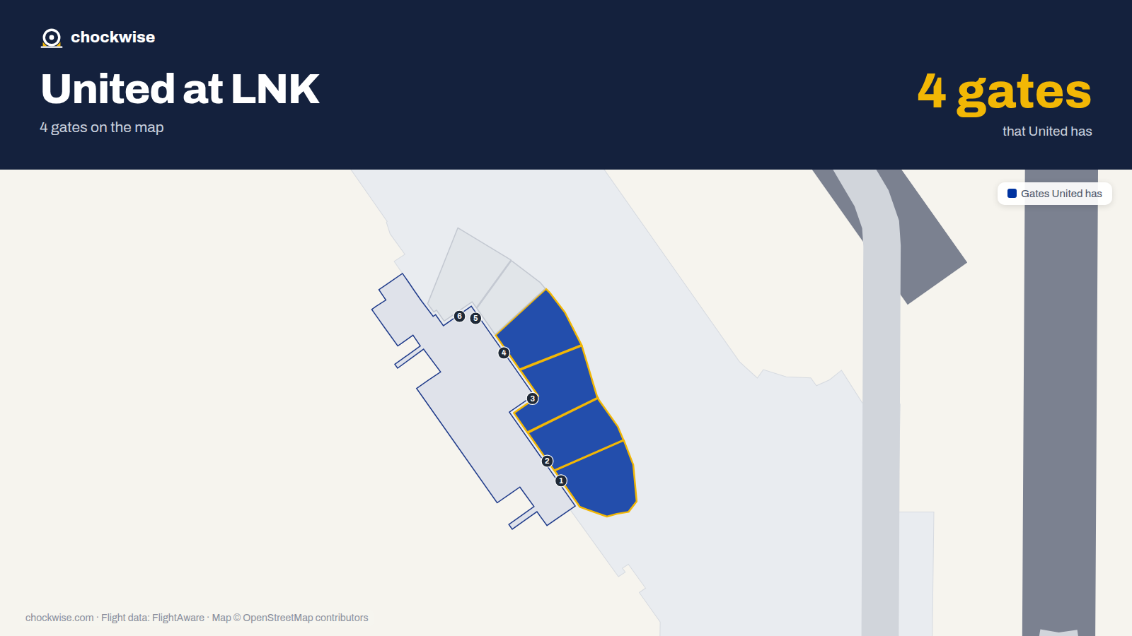Map of LNK with the gates United Airlines uses highlighted: 1, 2, 3 and 4.