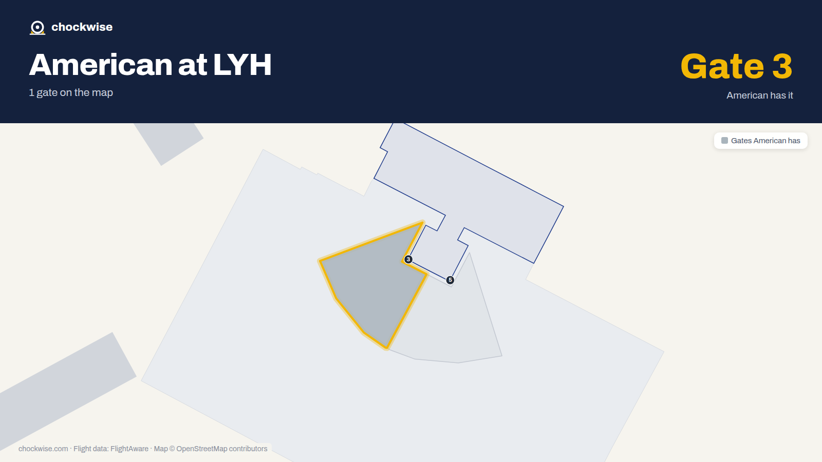 Map of LYH with the gates American Airlines uses highlighted: 3.