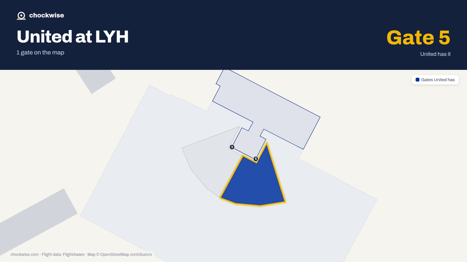 Map of LYH with the gates United Airlines uses highlighted: 5.
