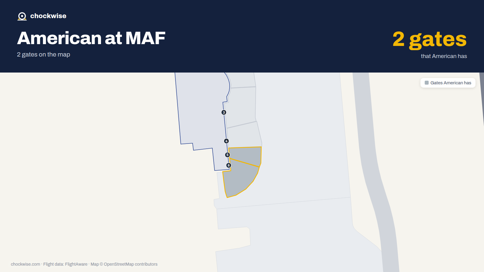 Map of MAF with the gates American Airlines uses highlighted: 5 and 6.