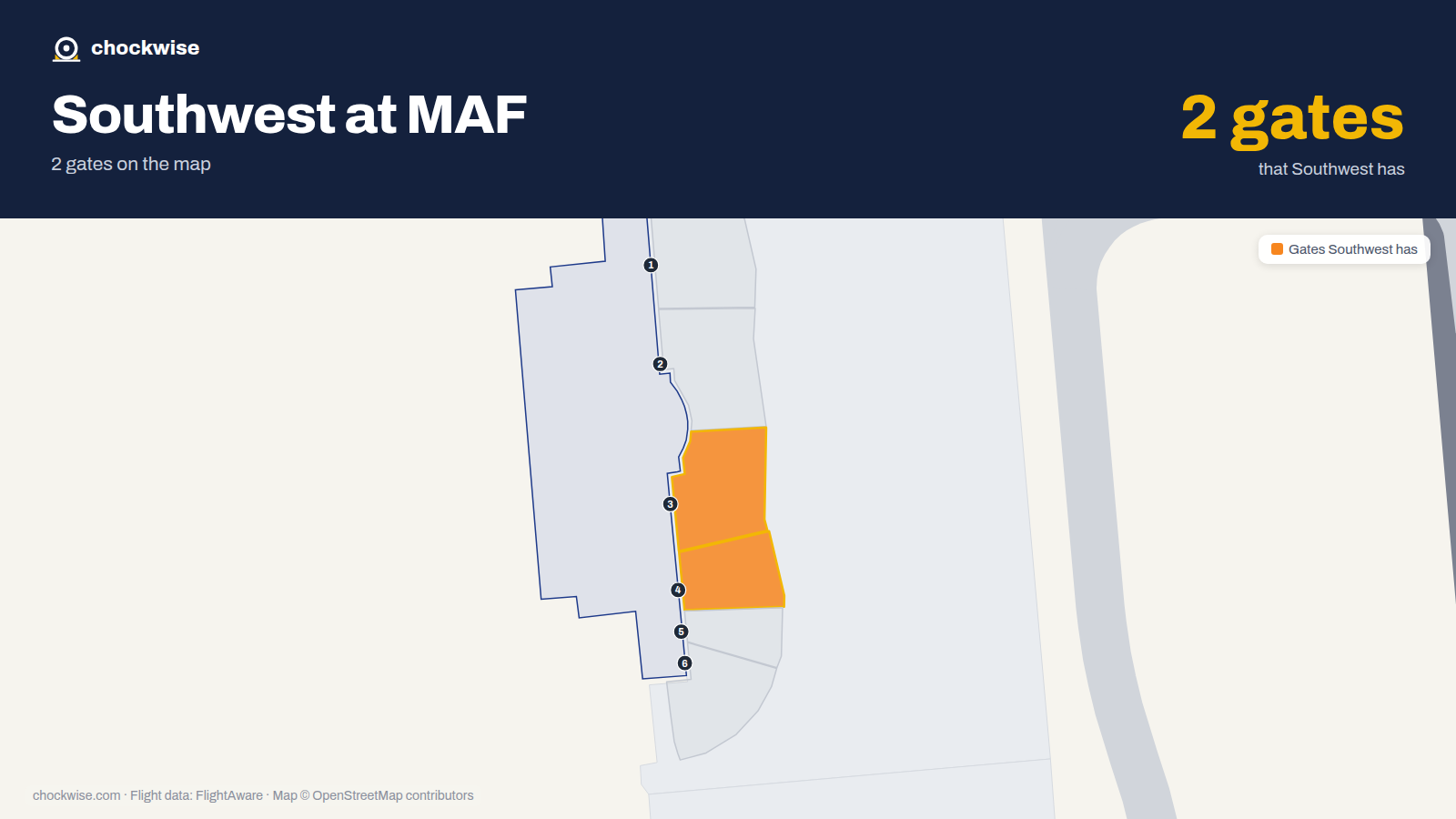 Map of MAF with the gates Southwest Airlines uses highlighted: 3 and 4.
