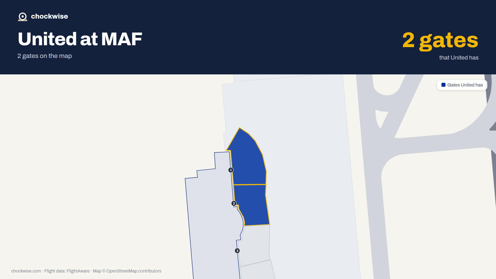 Map of MAF with the gates United Airlines uses highlighted: 1 and 2.