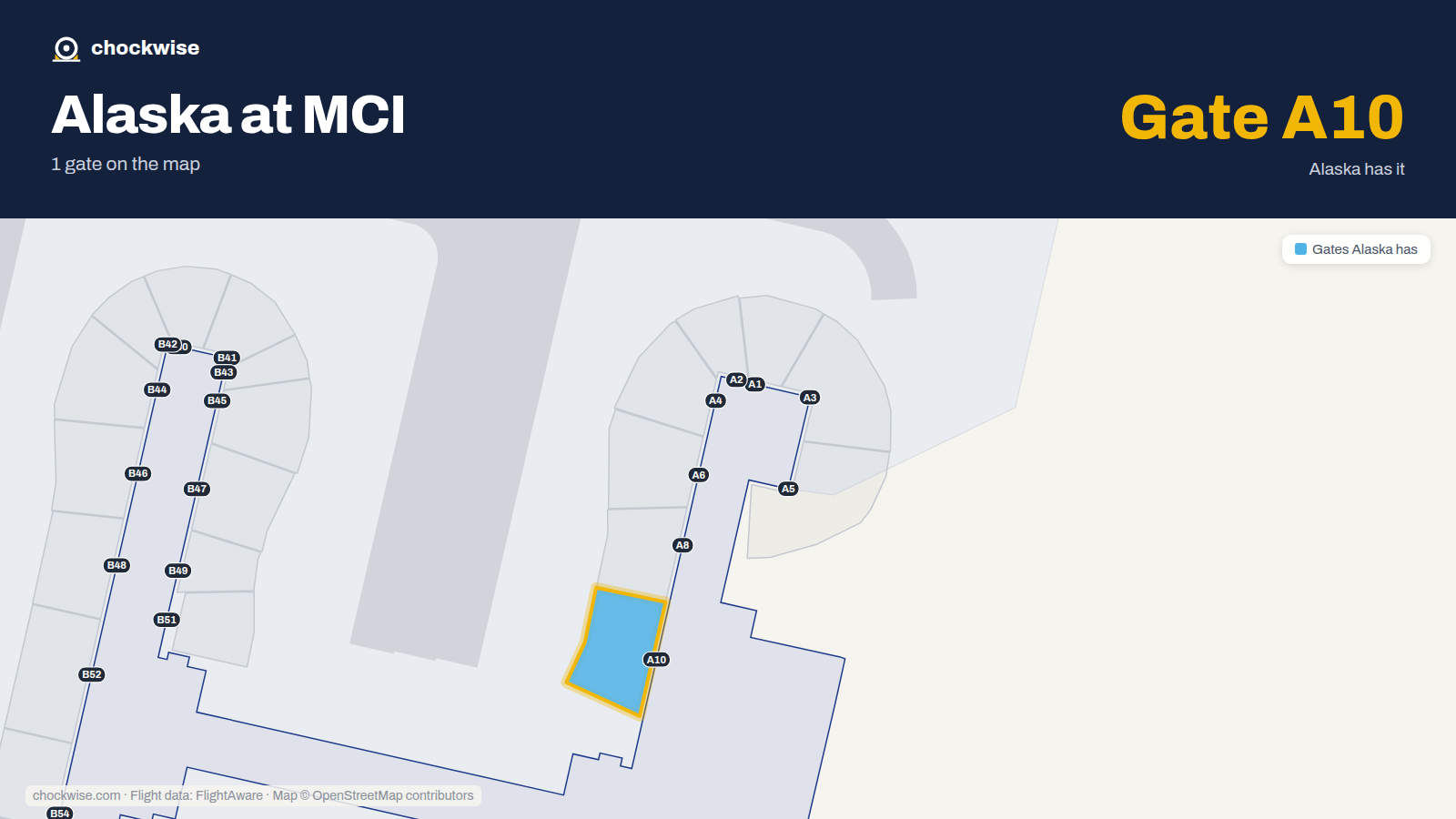 Map of MCI with the gates Alaska Airlines uses highlighted: A10.