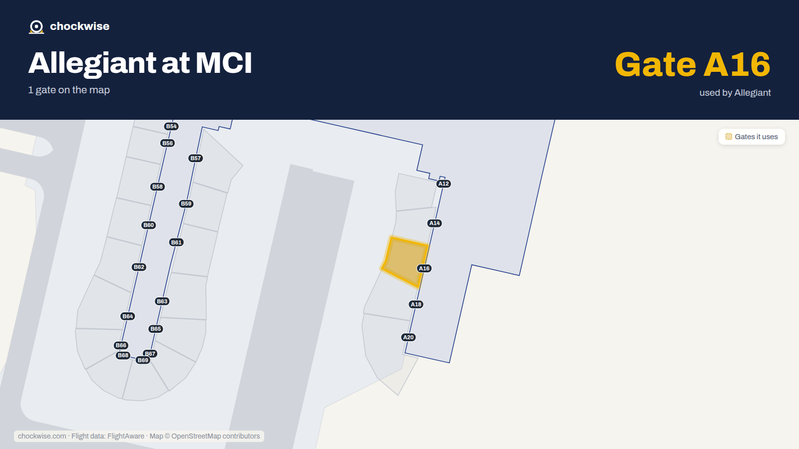 Map of MCI with the gates Allegiant Air uses highlighted: A16.