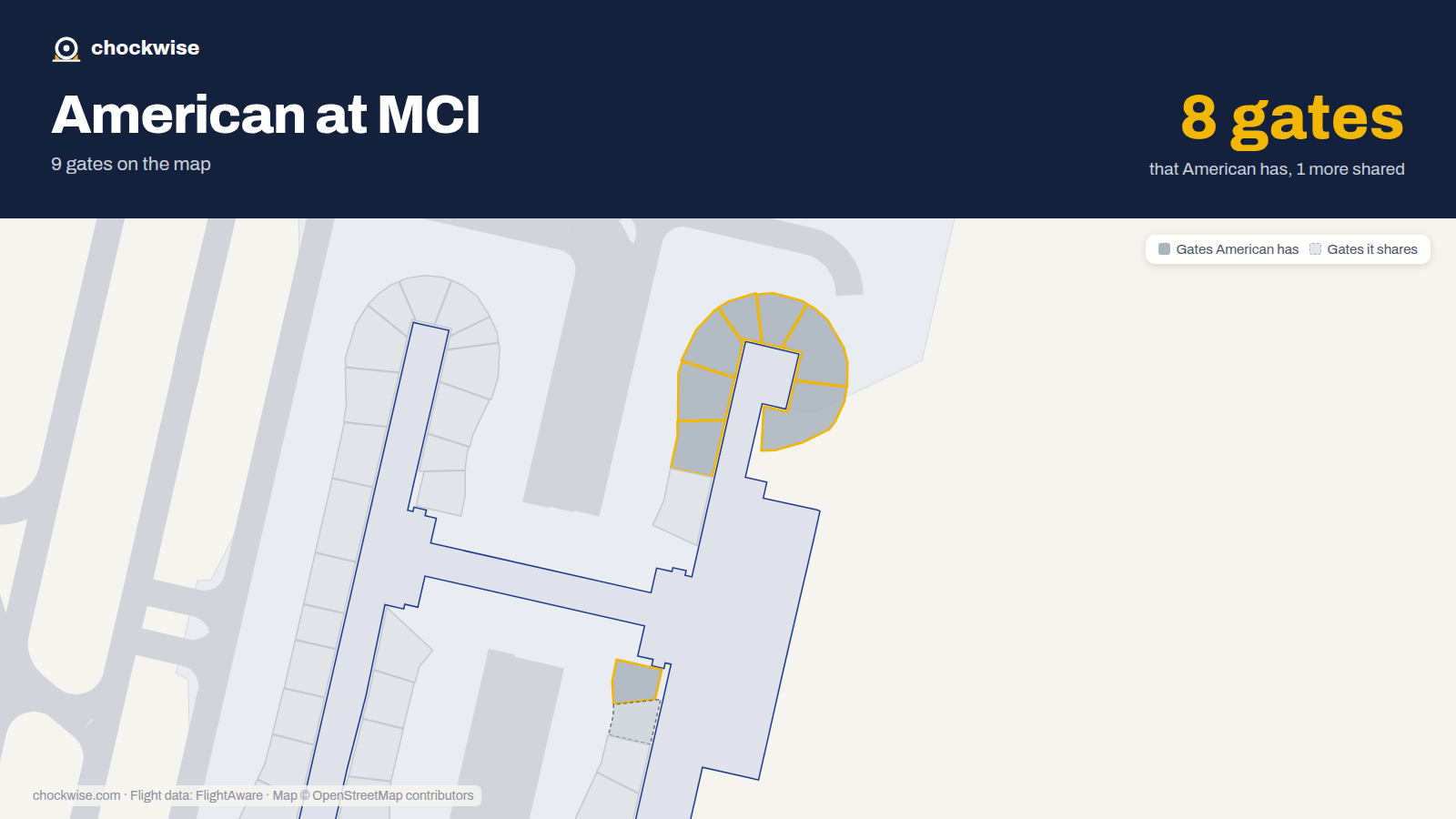 Map of MCI with the gates American Airlines uses highlighted: A1, A2, A3, A4, A5, A6, A8 and A12.
