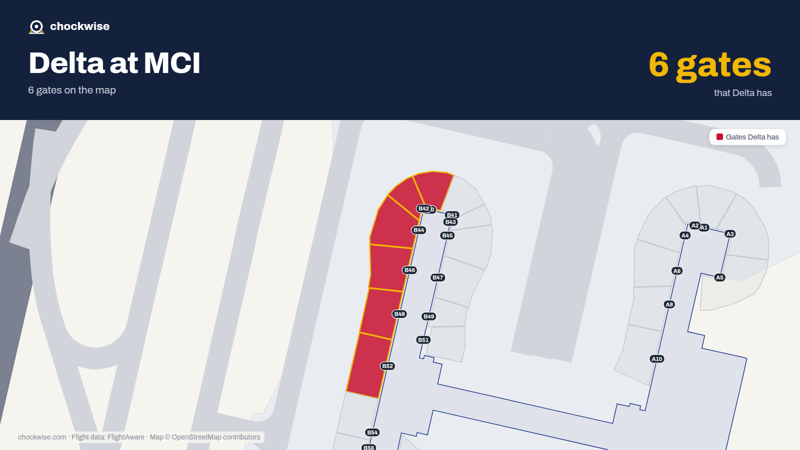 Map of MCI with the gates Delta Air Lines uses highlighted: B40, B42, B44, B46, B48 and B52.