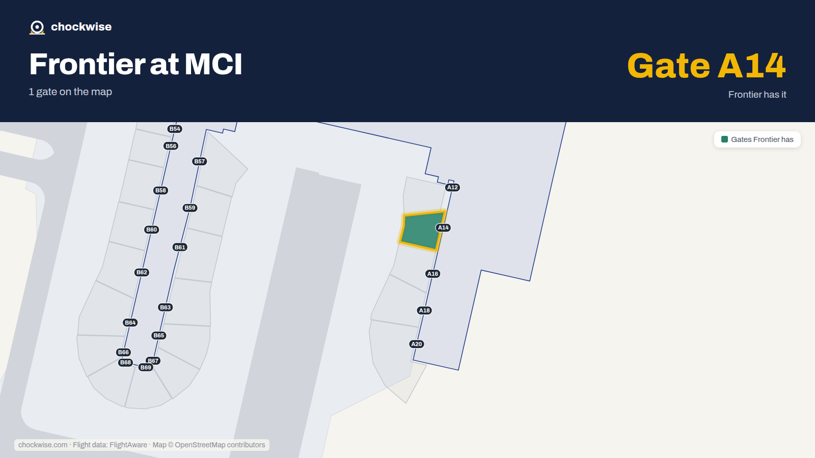 Map of MCI with the gates Frontier Airlines uses highlighted: A14.