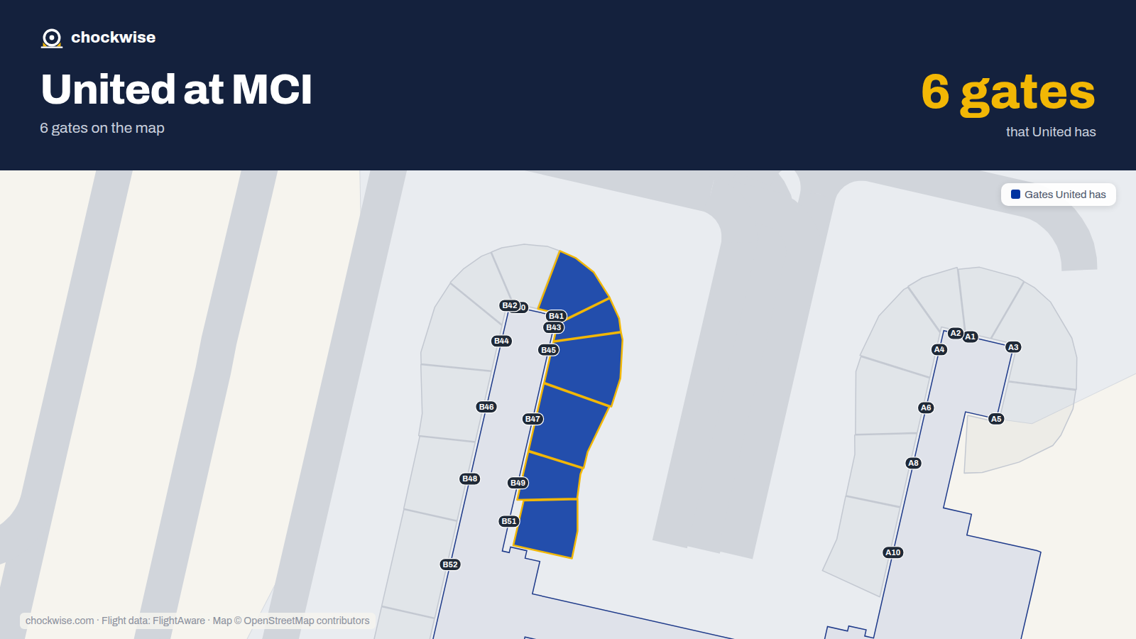 Map of MCI with the gates United Airlines uses highlighted: B41, B43, B45, B47, B49 and B51.