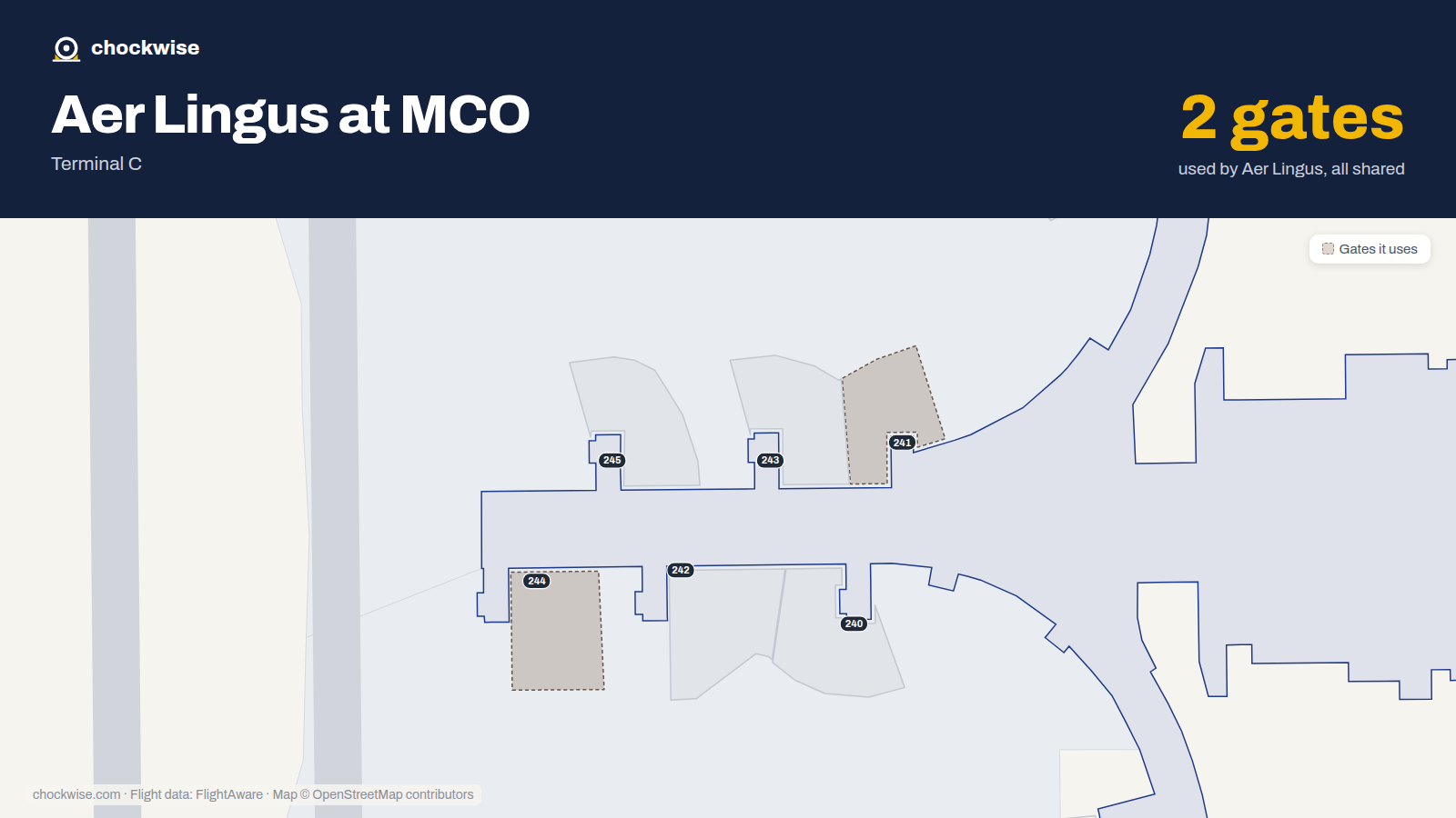 Map of MCO with the gates Aer Lingus uses highlighted: 241 and 244.