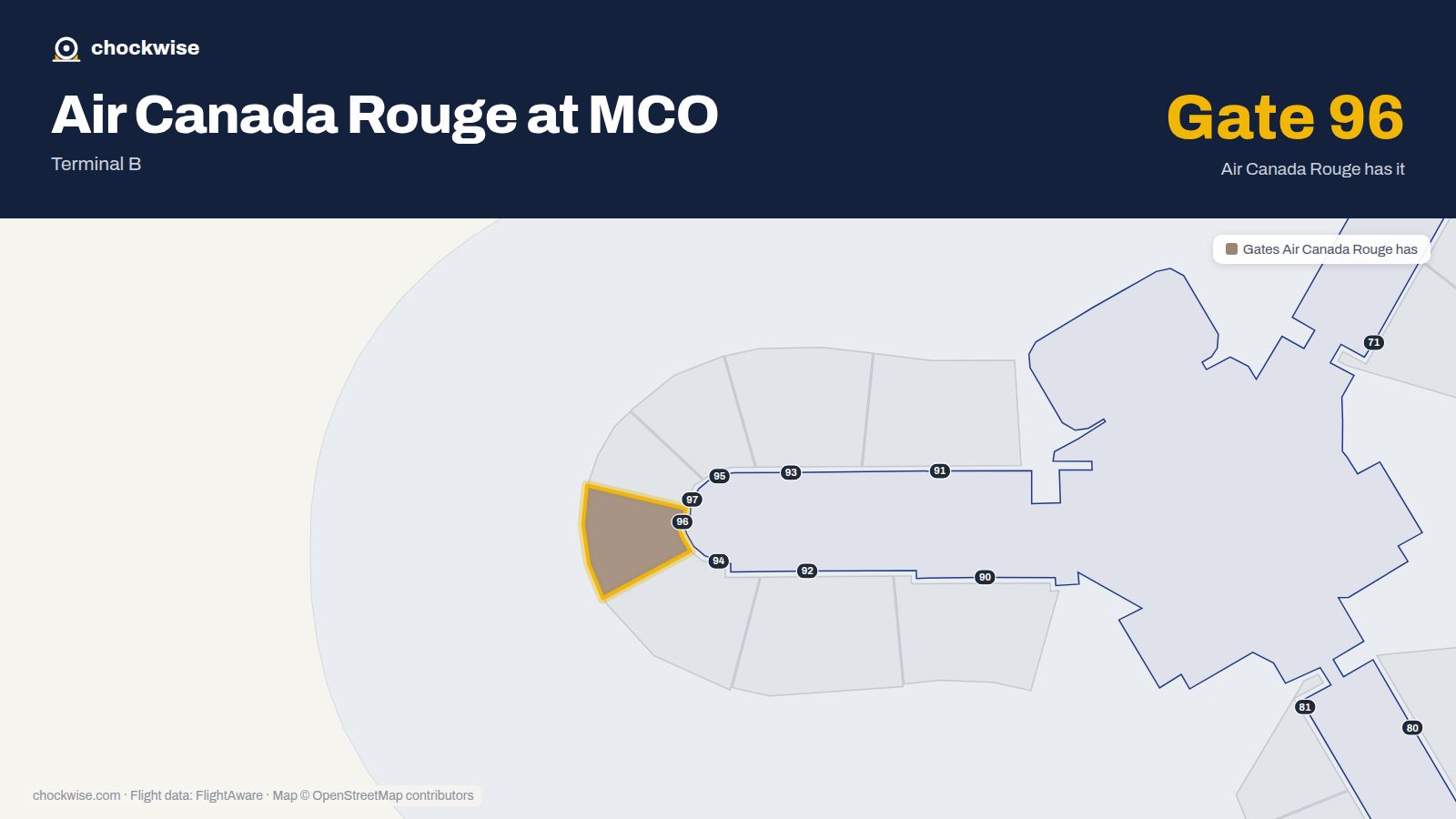 Map of MCO with the gates Air Canada Rouge uses highlighted: 96.