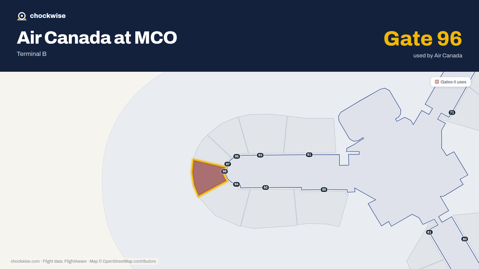 Map of MCO with the gates Air Canada uses highlighted: B90, 96 and B97.
