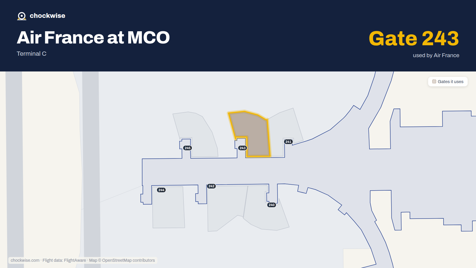 Map of MCO with the gates Air France uses highlighted: 243 and C245.