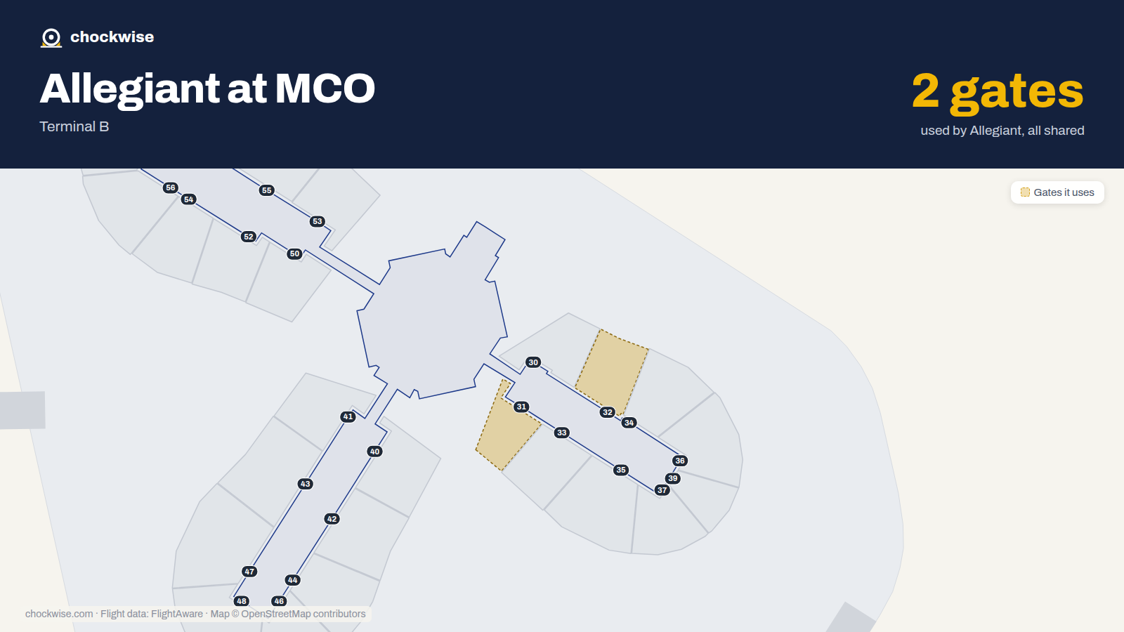 Map of MCO with the gates Allegiant Air uses highlighted: 31 and 32.