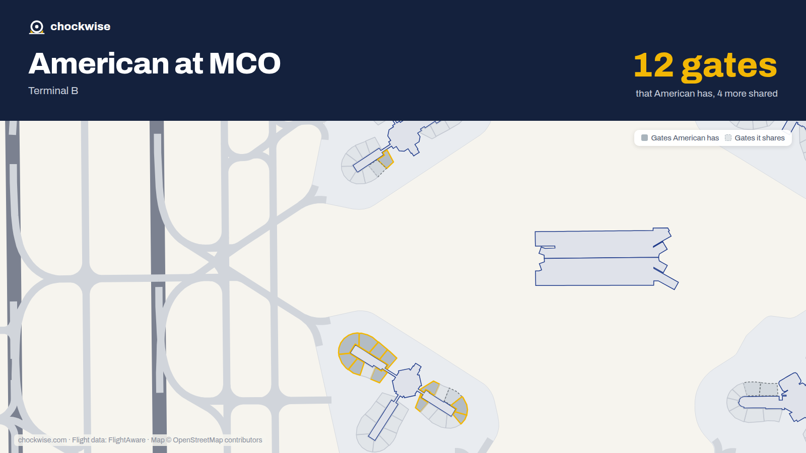 Map of MCO with the gates American Airlines uses highlighted: 1, 30, 31, 36, 39, 50, 53, 54 and 4 more.