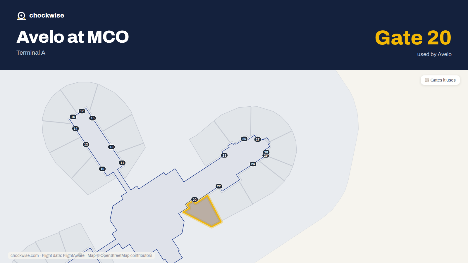 Map of MCO with the gates Avelo Airlines uses highlighted: 20.