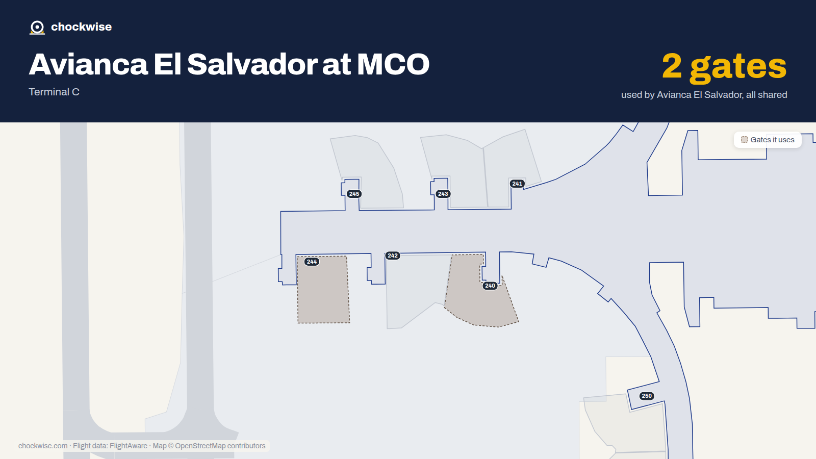 Map of MCO with the gates Avianca El Salvador uses highlighted: 240 and 244.