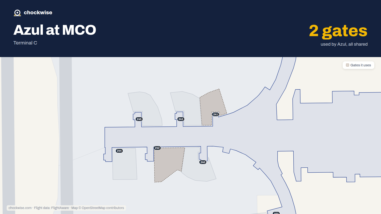 Map of MCO with the gates Azul Brazilian Airlines uses highlighted: 241 and 242.