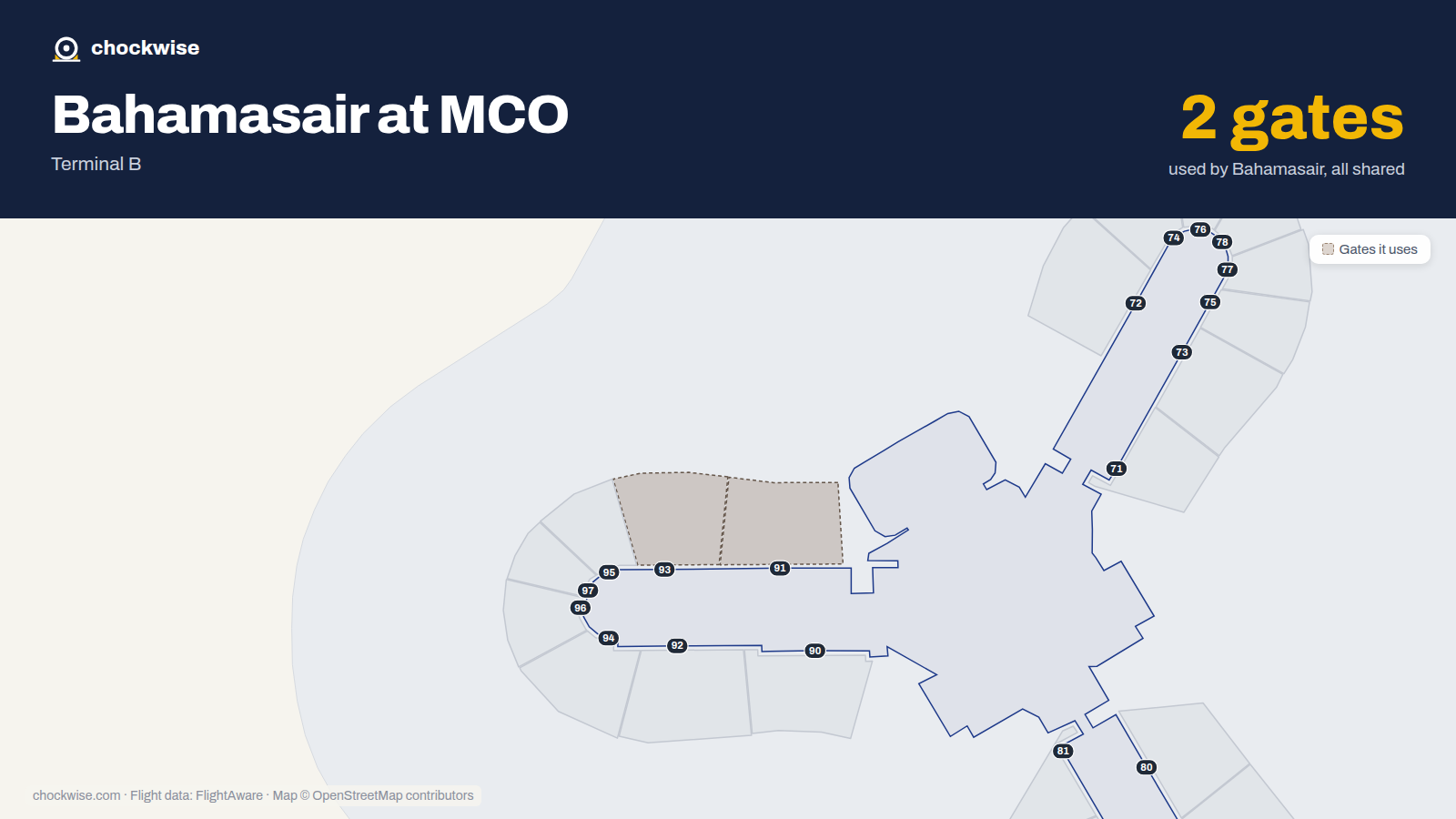 Map of MCO with the gates Bahamasair uses highlighted: 91 and 93.