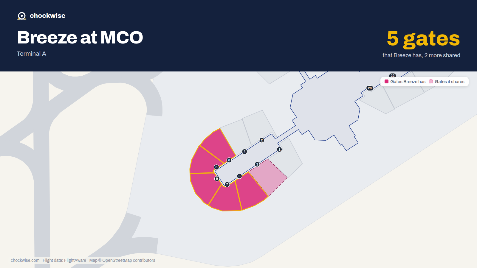 Map of MCO with the gates Breeze Airways uses highlighted: 5, 6, 7, 8 and 9.