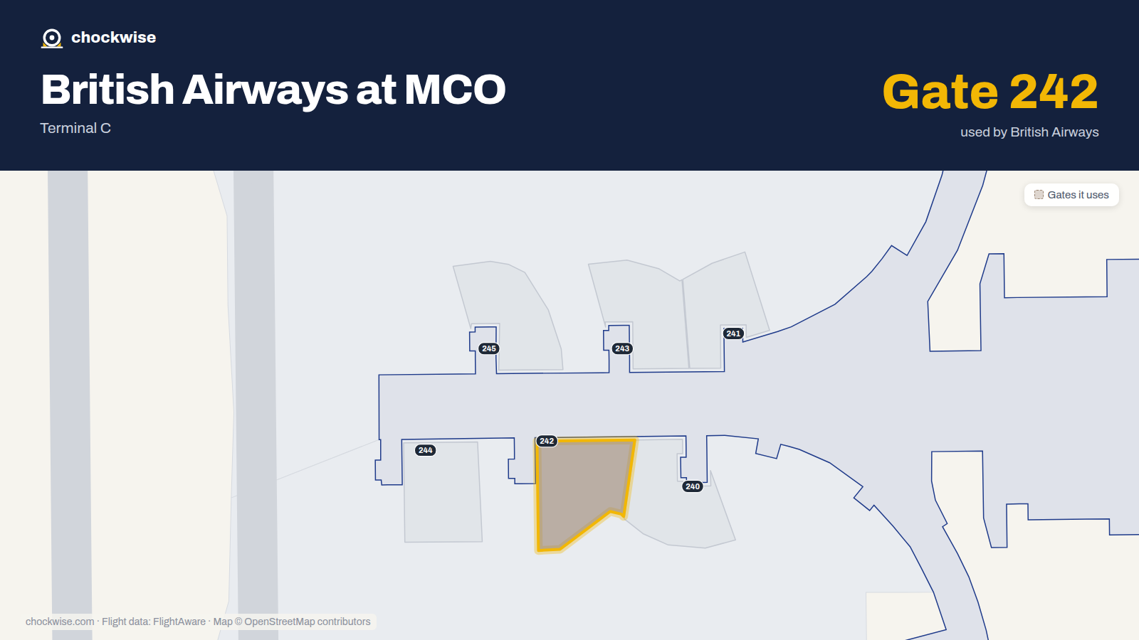 Map of MCO with the gates British Airways uses highlighted: 242.
