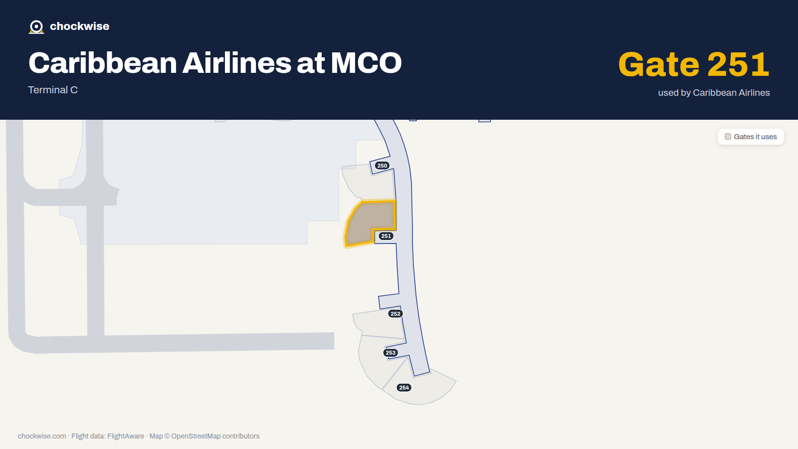 Map of MCO with the gates Caribbean Airlines uses highlighted: C238 and 251.