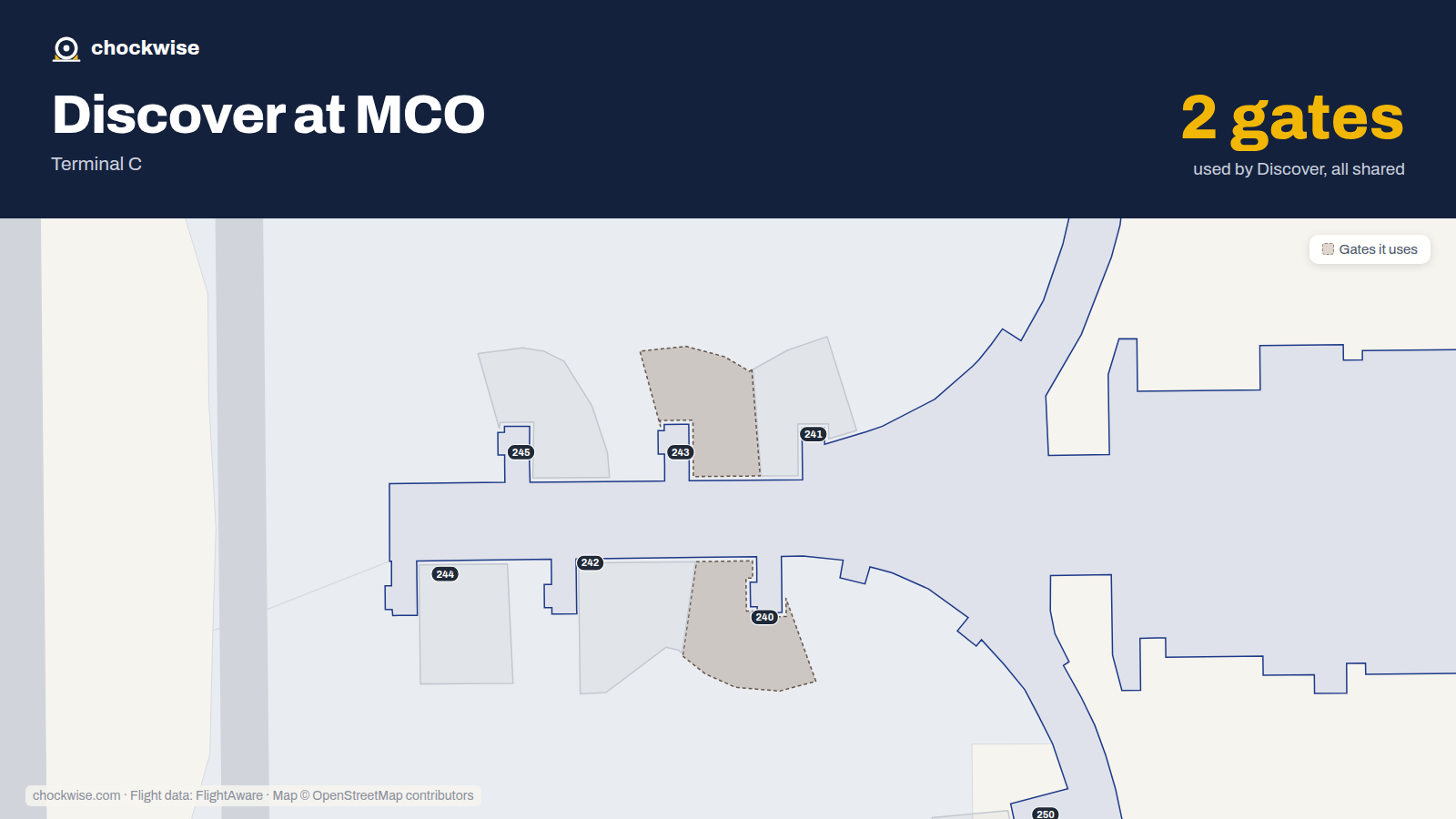 Map of MCO with the gates Discover Airlines uses highlighted: 240, 243 and C245.
