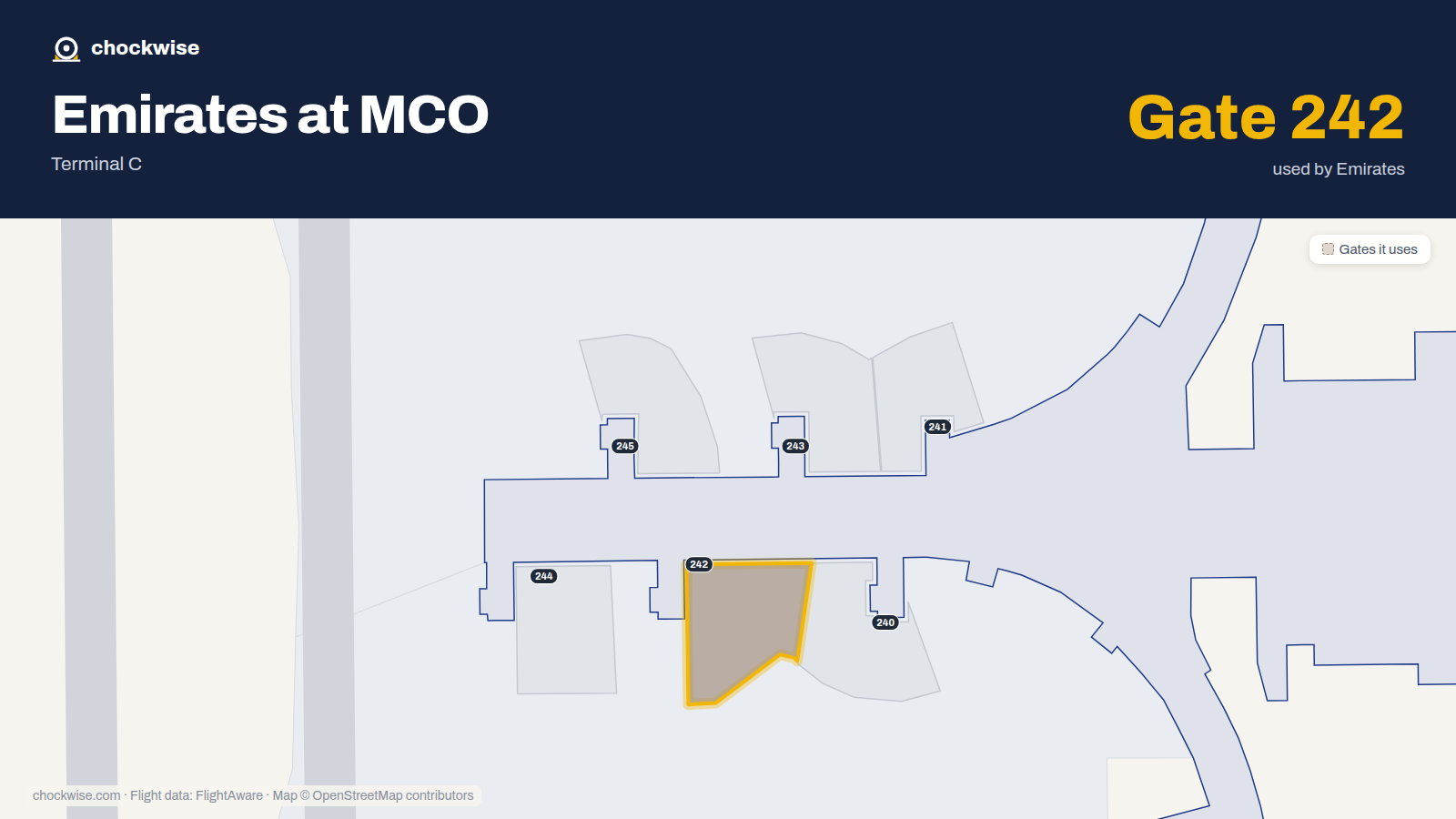 Map of MCO with the gates Emirates uses highlighted: 242 and C250.