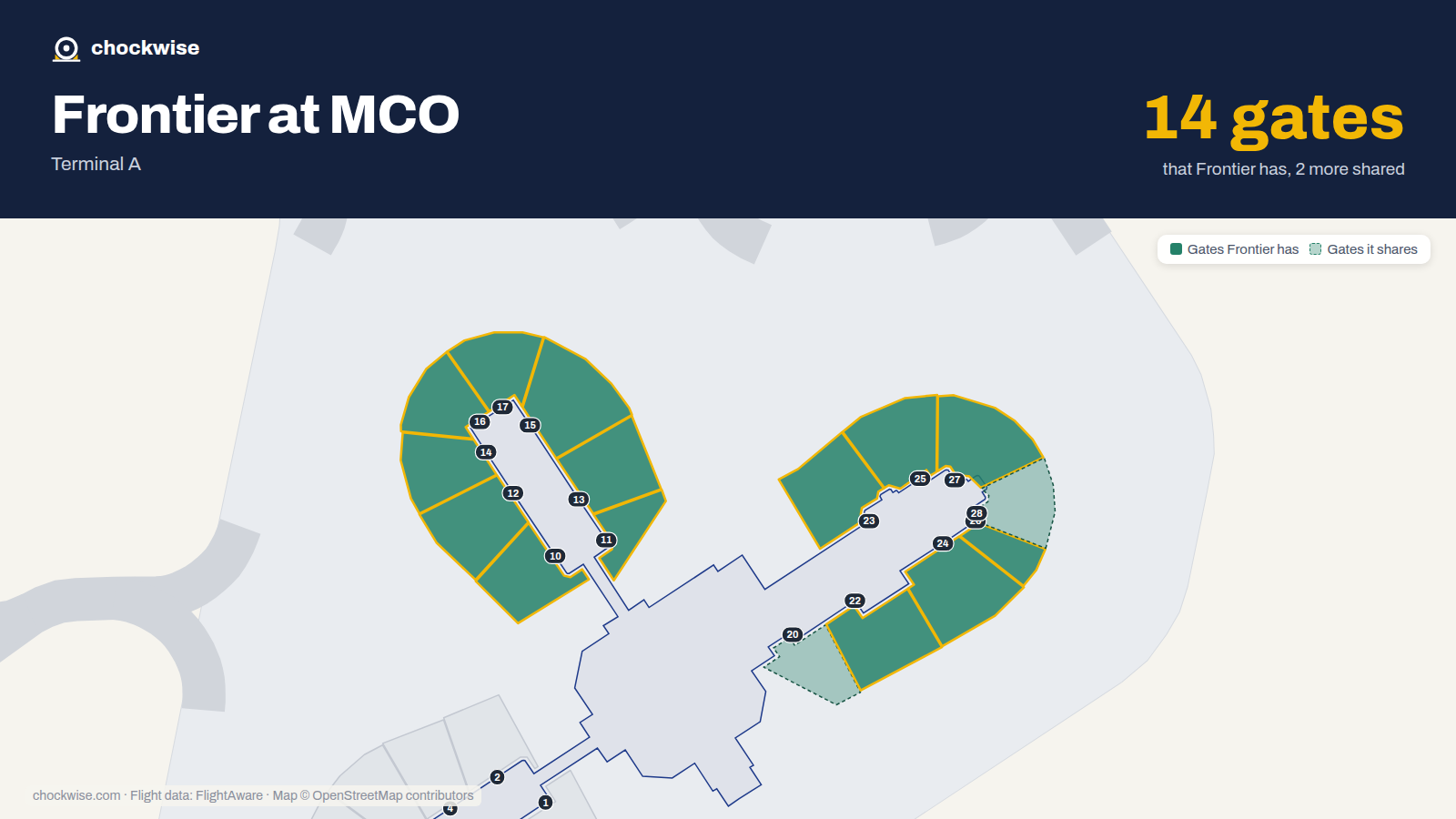 Map of MCO with the gates Frontier Airlines uses highlighted: 10, 11, 12, 13, 14, 15, 16, 17 and 6 more.