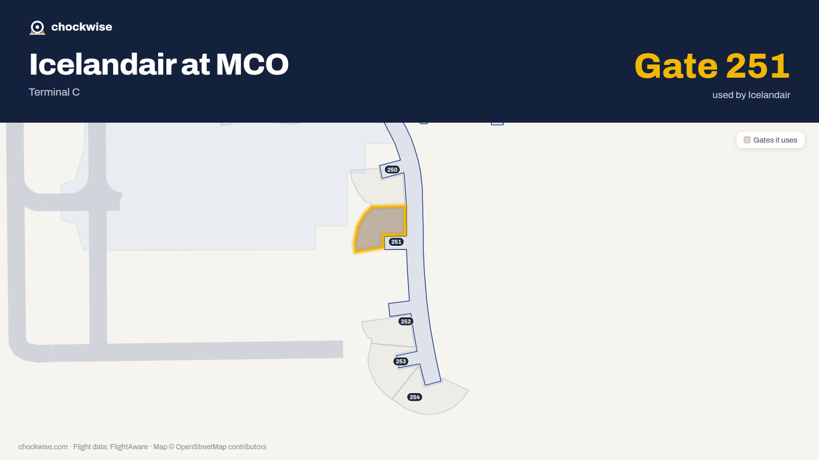Map of MCO with the gates Icelandair uses highlighted: 251.