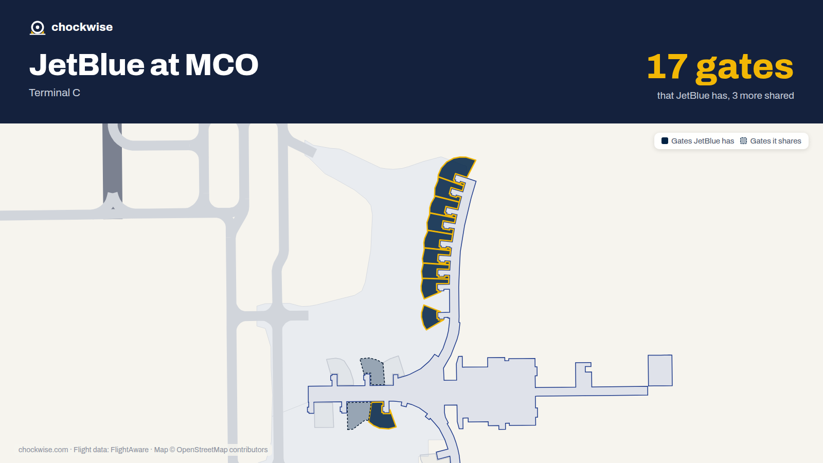 Map of MCO with the gates JetBlue uses highlighted: 230, 231, 232, 233, 234, 235, 236, 237 and 2 more.