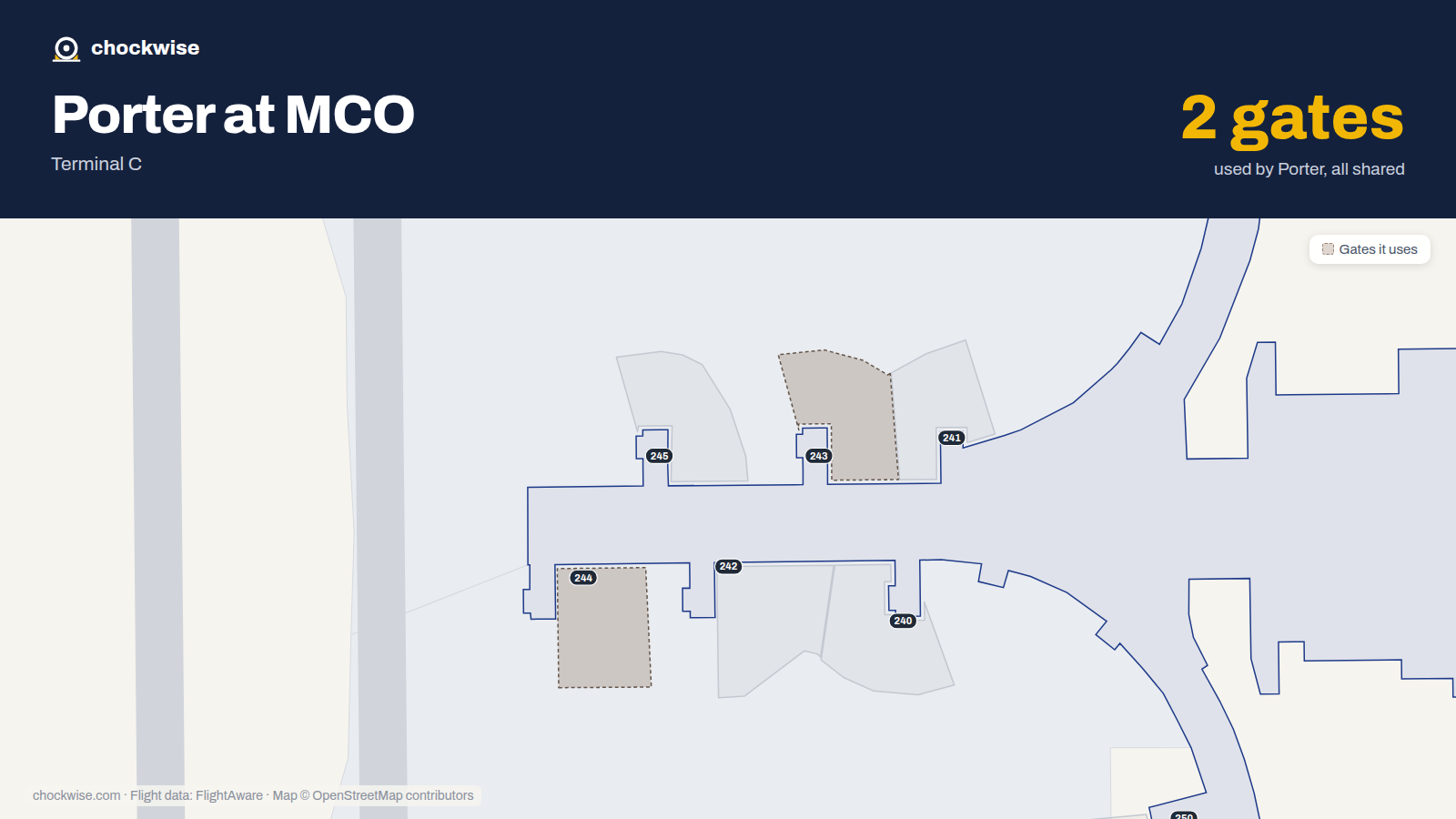 Map of MCO with the gates Porter Airlines uses highlighted: 243, 244, C250 and C253.