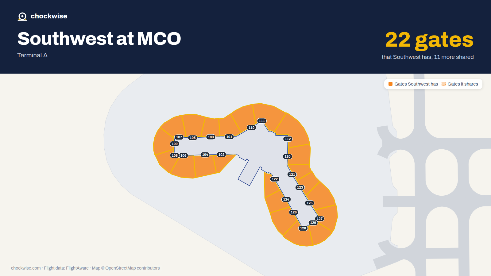 Map of MCO with the gates Southwest Airlines uses highlighted: 101, 102, 103, 104, 105, 106, 107, 108 and 14 more.