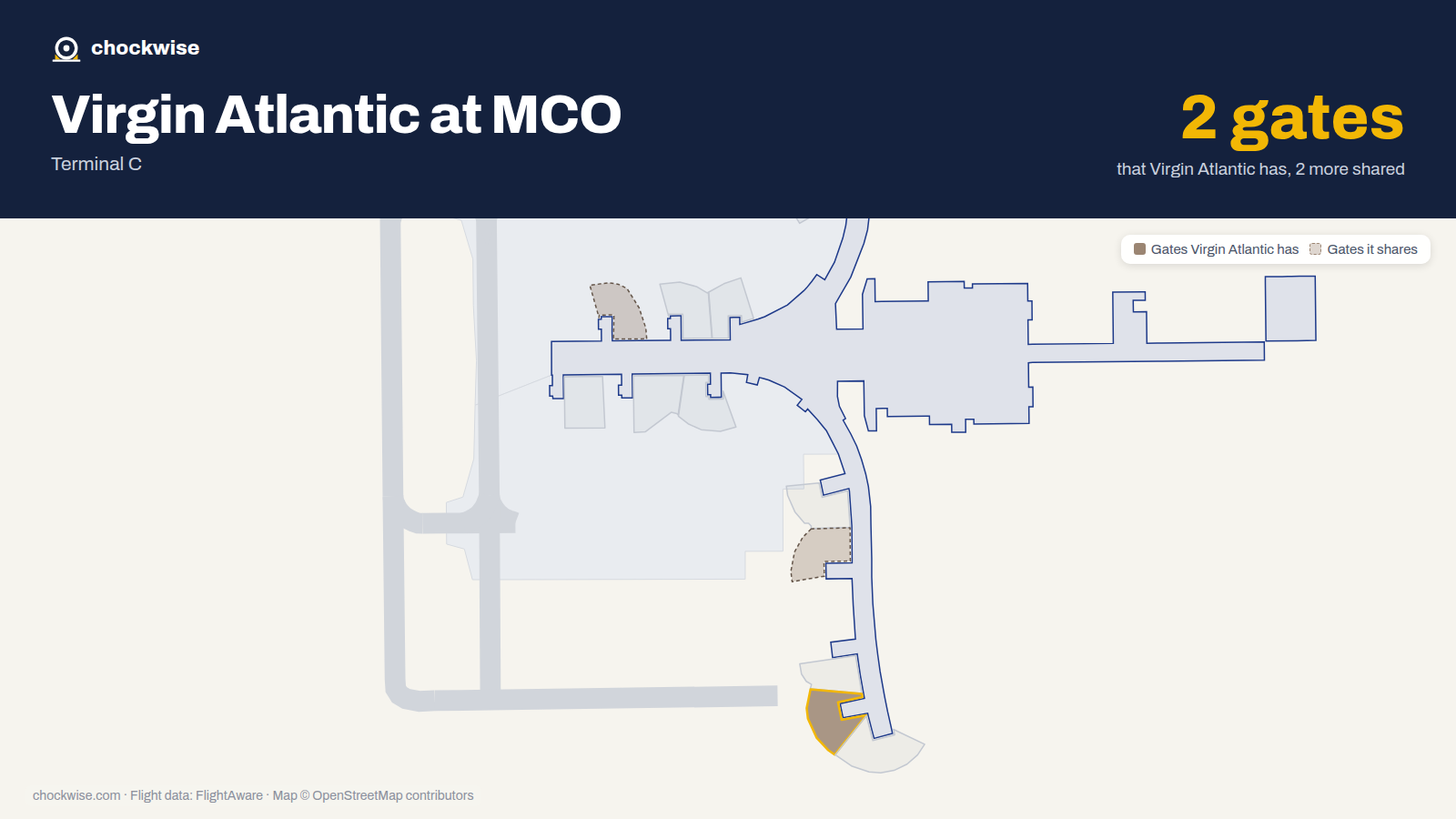 Map of MCO with the gates Virgin Atlantic uses highlighted: 253.