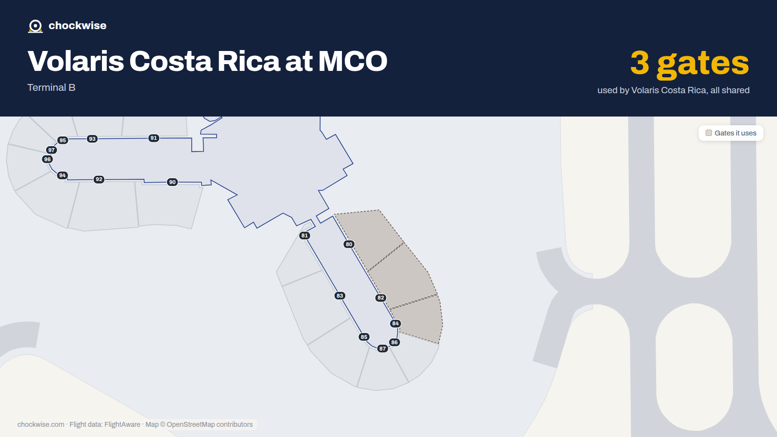 Map of MCO with the gates Volaris Costa Rica uses highlighted: 80, 82 and 84.