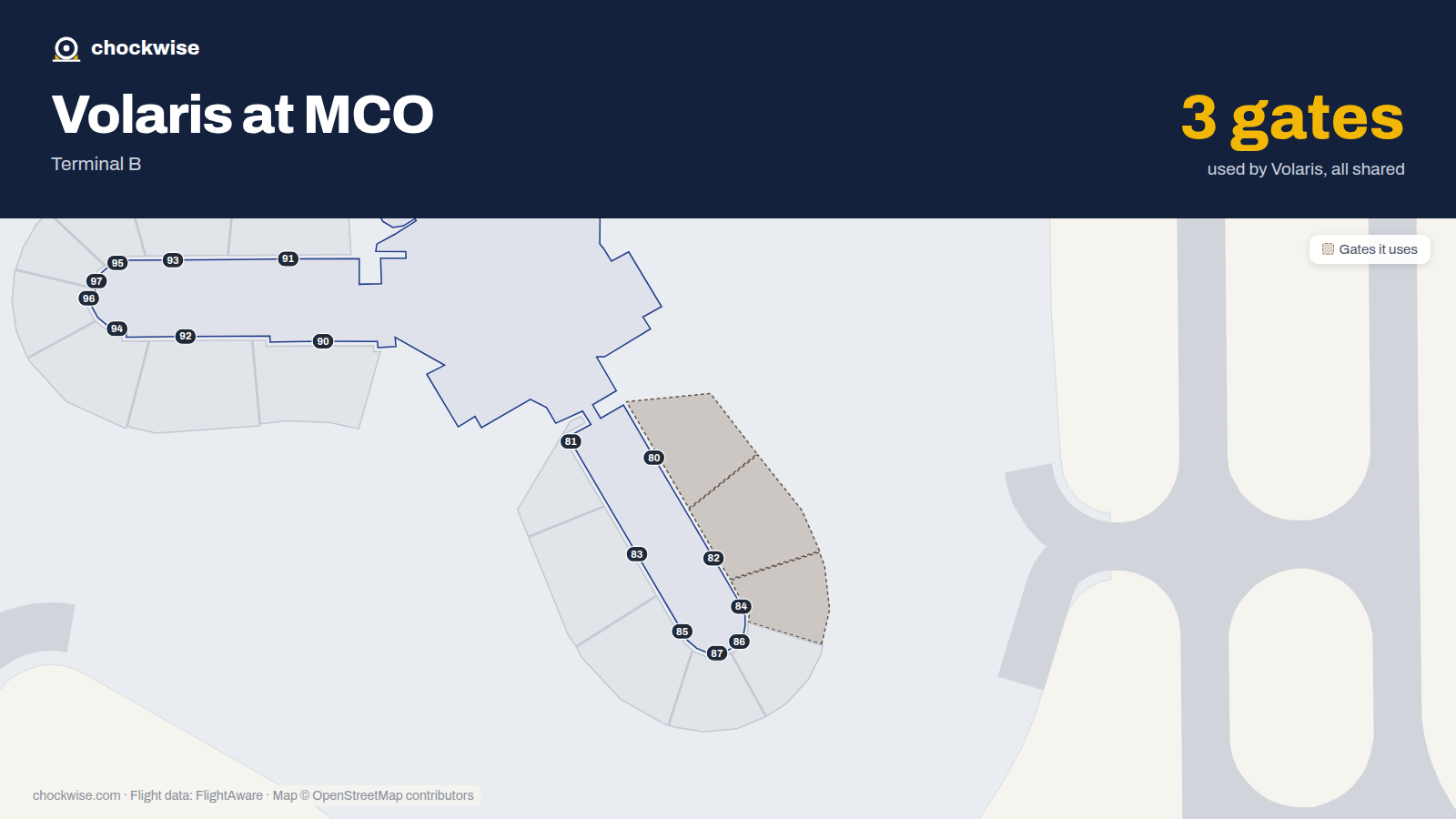 Map of MCO with the gates Volaris uses highlighted: 80, 82 and 84.