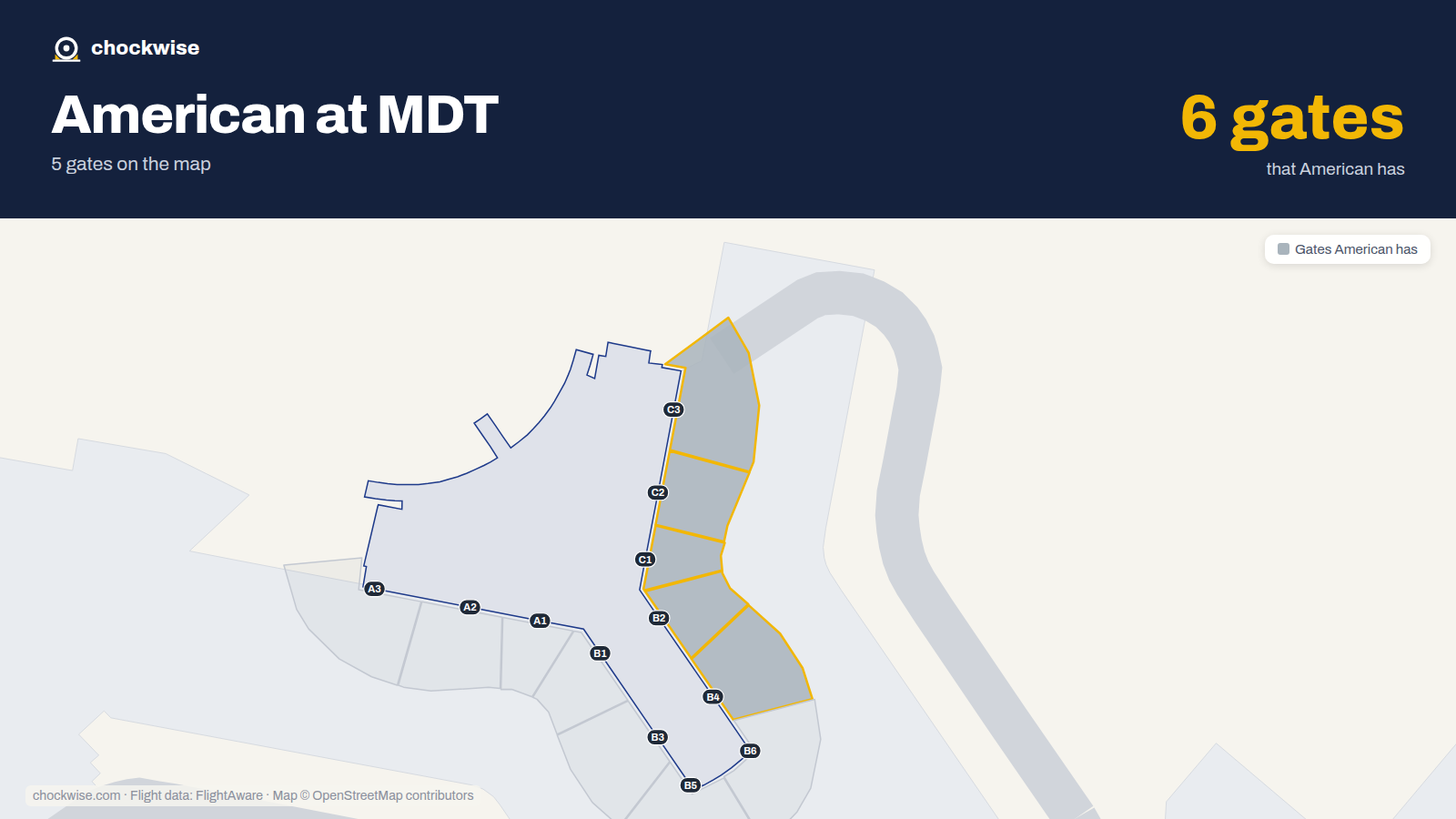 Map of MDT with the gates American Airlines uses highlighted: C1, B2, C2, C3 and B4.