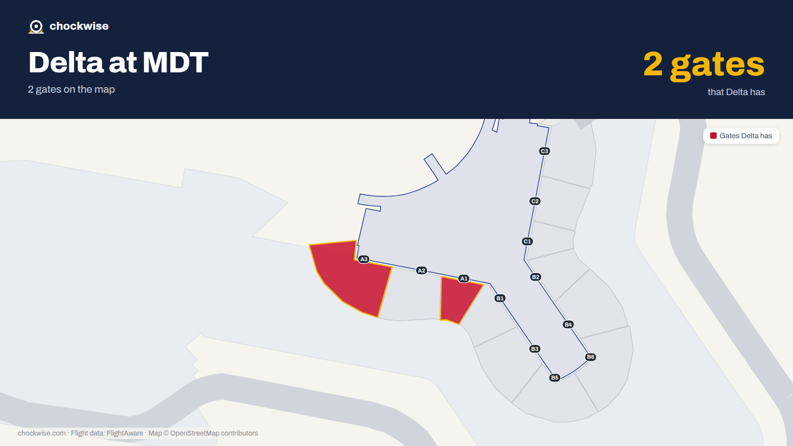 Map of MDT with the gates Delta Air Lines uses highlighted: A1 and A3.