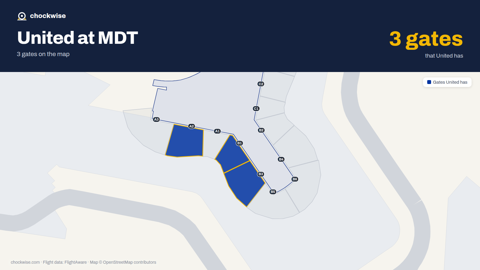 Map of MDT with the gates United Airlines uses highlighted: B1, A2 and B3.