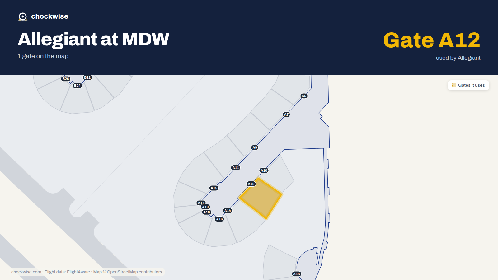 Map of MDW with the gates Allegiant Air uses highlighted: A12.