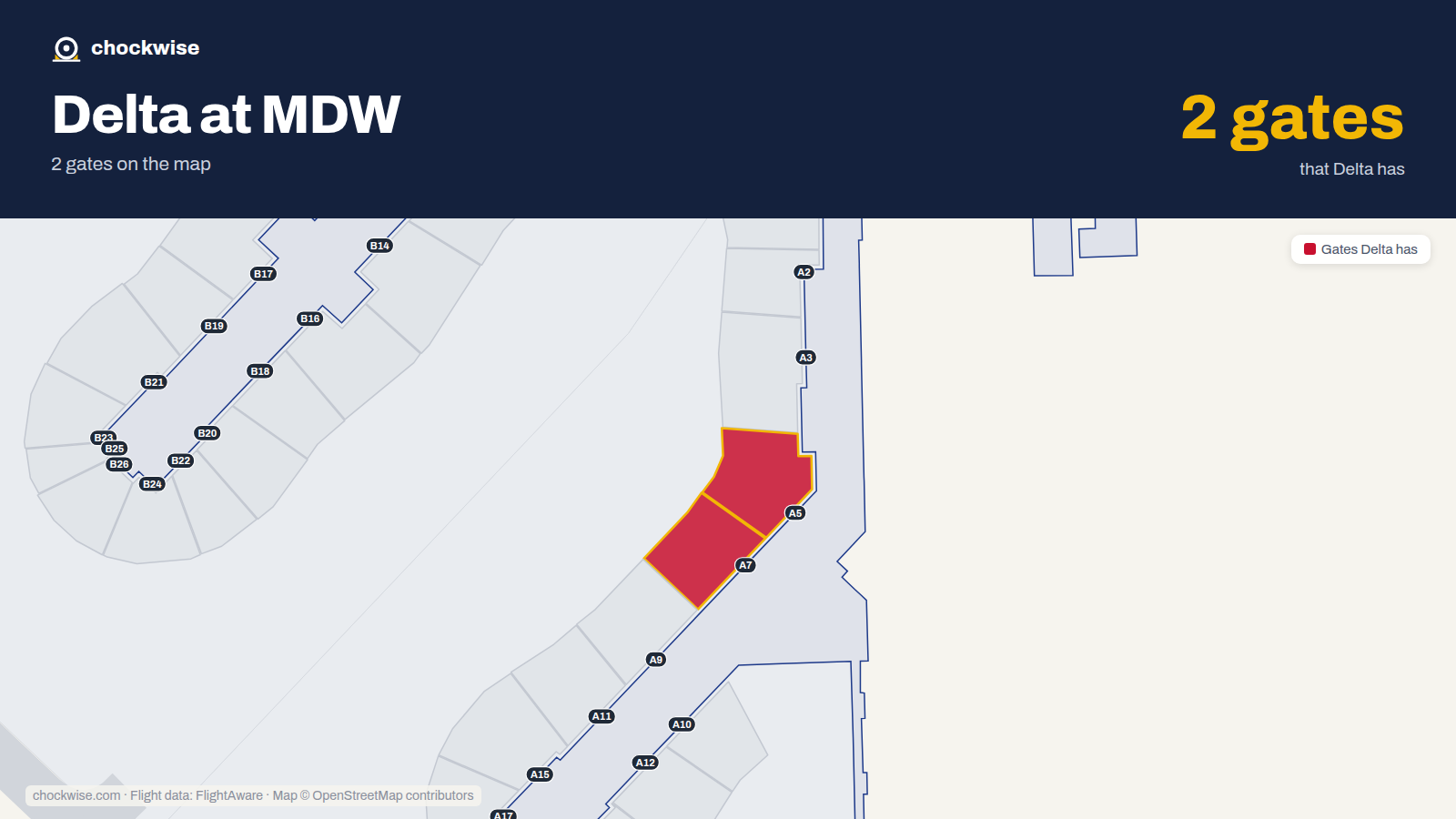 Map of MDW with the gates Delta Air Lines uses highlighted: A5 and A7.