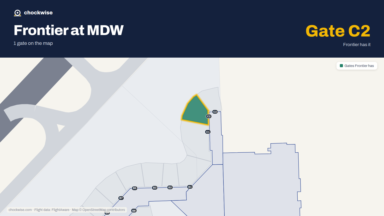 Map of MDW with the gates Frontier Airlines uses highlighted: C2.