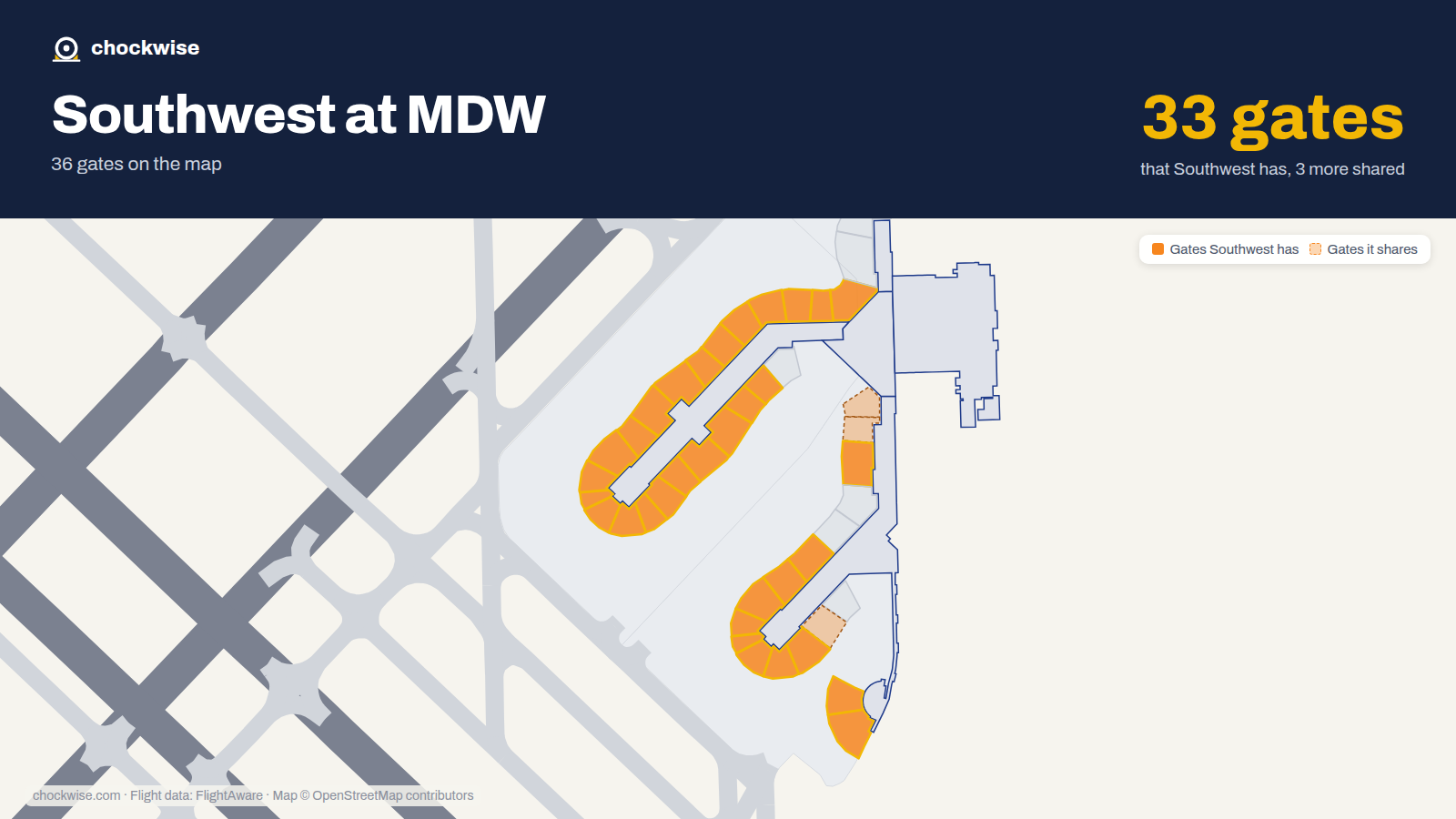 Map of MDW with the gates Southwest Airlines uses highlighted: B1, B2, A3, B3, A4A, A4B, B5, B7 and 25 more.